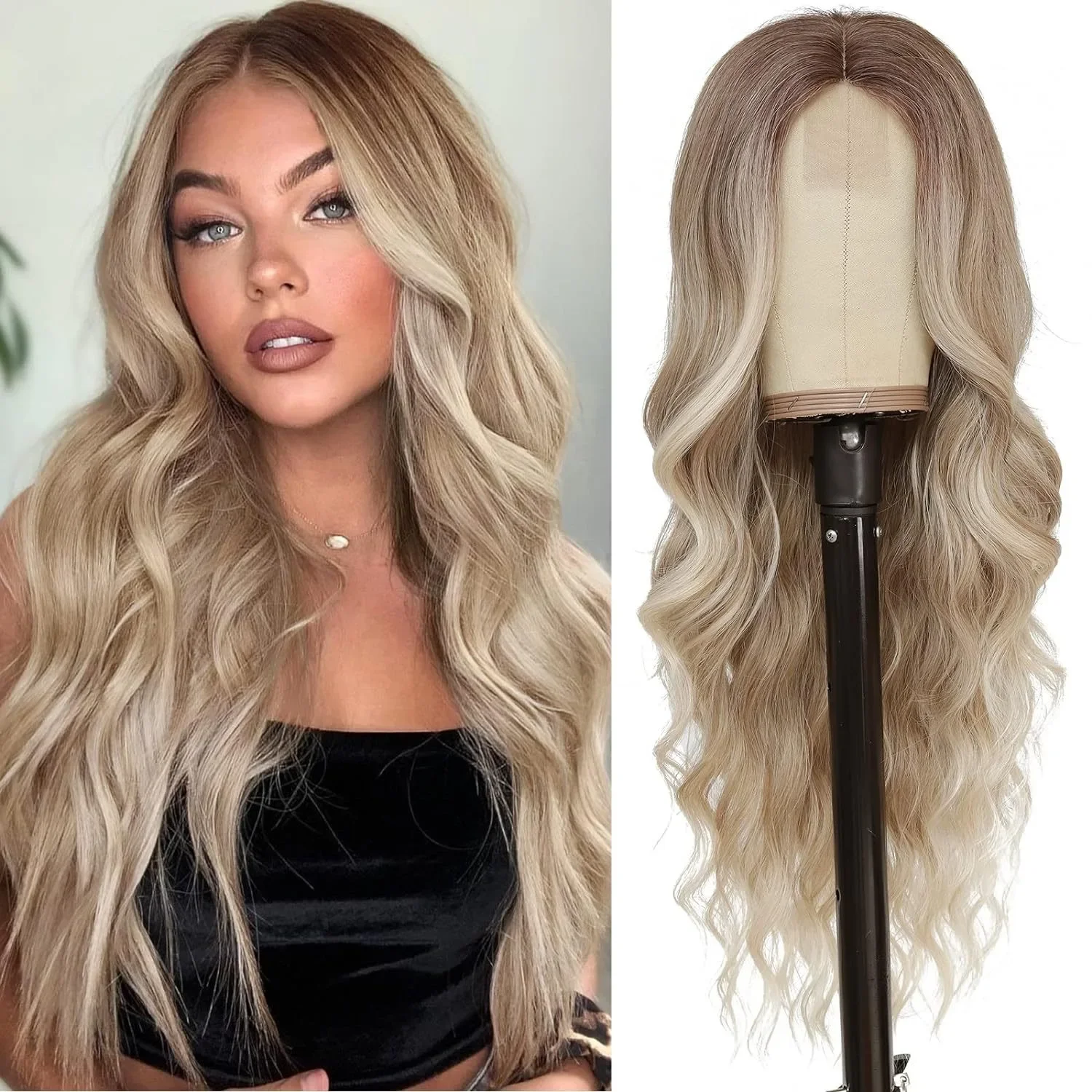 Perruques synthétiques longues ondulées pour femmes, brun clair, blond miel, ombré noir, partie en T profonde, dentelle frontale 4 bronches, degré de chaleur