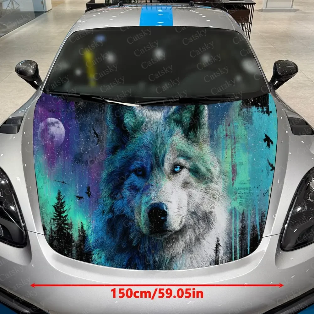 Lonely Wolf in Starry Aurora Forest Car Vinyl Wrap, PVC Waterproof Car Hood Sticker, Self-Adhesive Scratch-Resistant Stickers