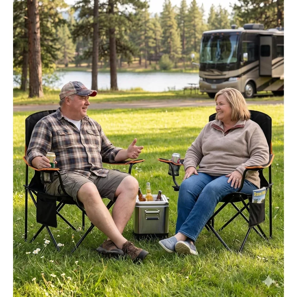 Padded Camping Chair 2 Pack, 350 LBS Capacity, Side Pocket, Cup Holder - Ideal for Outdoors, Tailgating, Beach, Sports