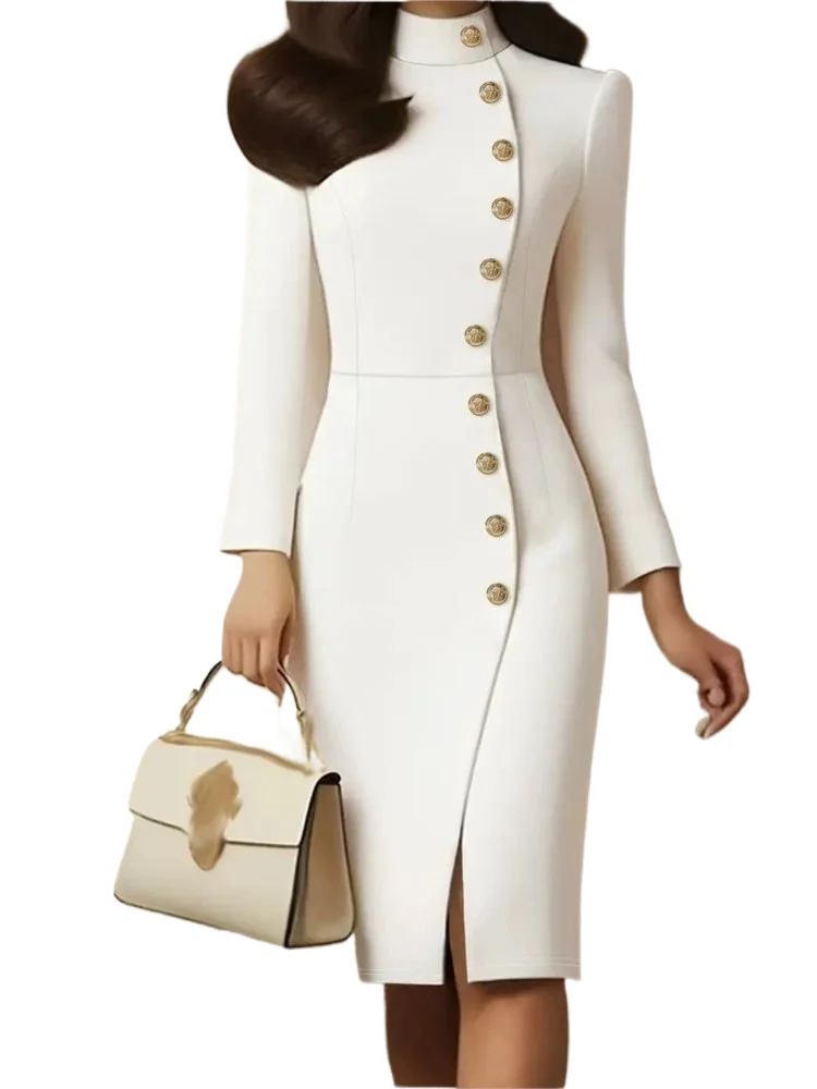 

Fashion Solid Dress Lady Elegant Long Sleeve Stand Neck Button Package Slim Dresses For Women Office Womens Clothing Autumn