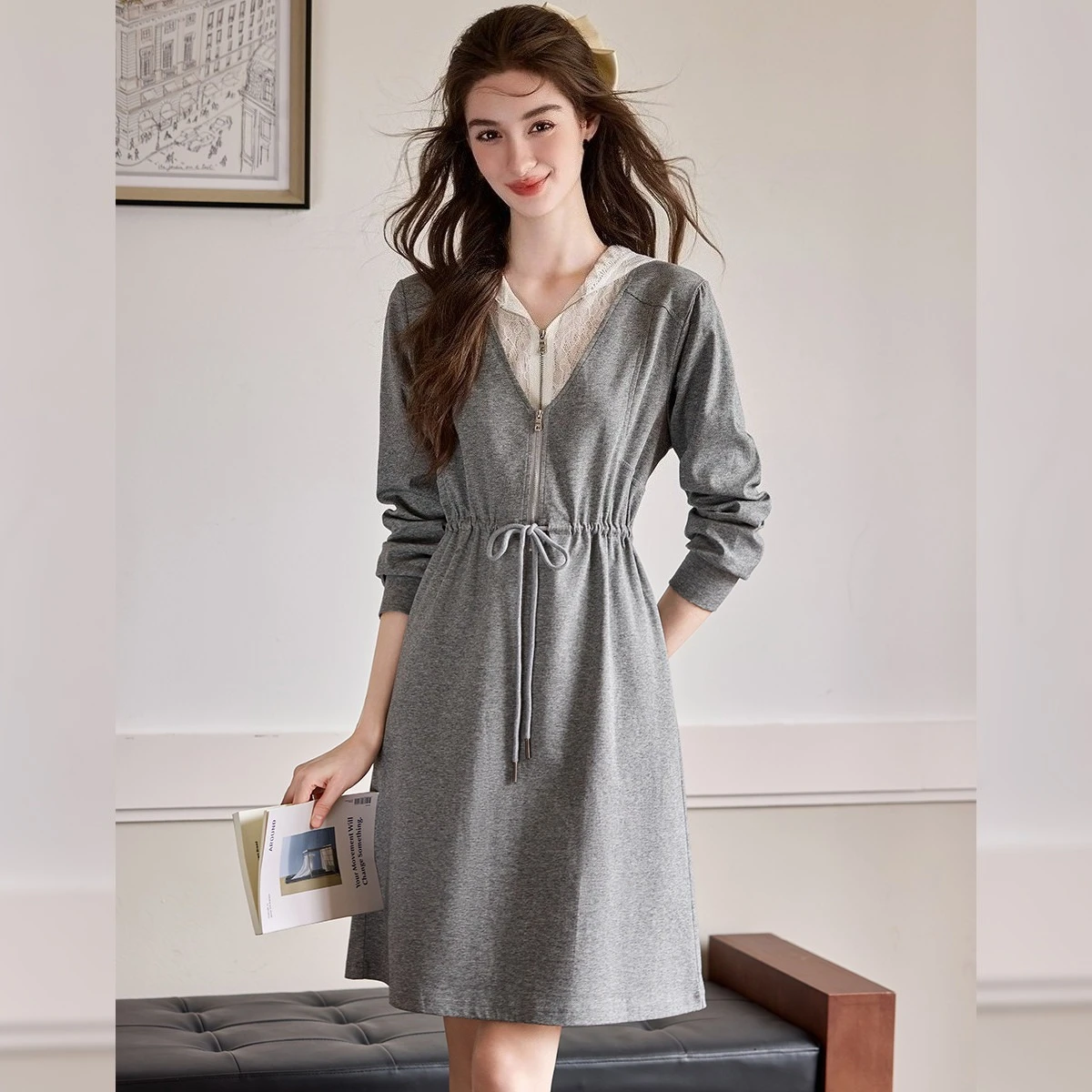 LOUISYAO Fake Two Piece Hoodie Dress Women 2025 Autumn Waist Drawstring Slightly Stretch Casual Streetwear Midi Dress