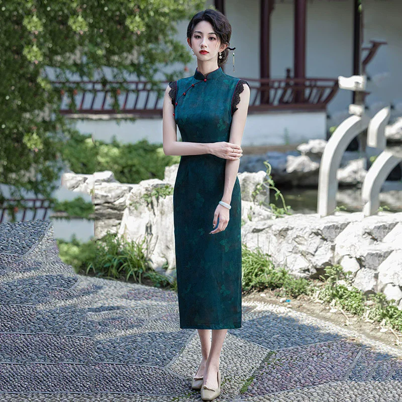 

Синий высококачественный длинный Cheongsam в китайском стиле, улучшенный для молодежи, 2025, новое женское облегающее платье в стиле ретро Qipao