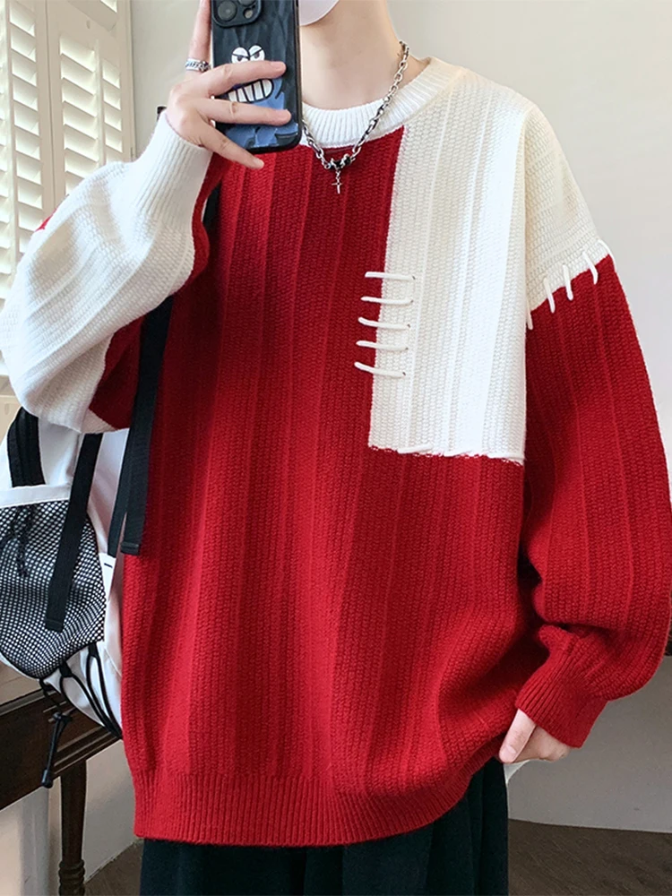 

Красный мужской трикотажный свитер свободного кроя с круглым вырезом и флисовой подкладкой, осенне-зимний, новый, теплый базовый слой, повседневный, комфортный