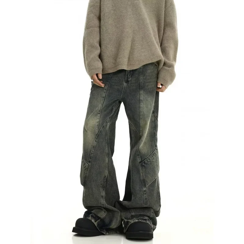 American Style Vintage Distressed Men's Jeans High Street Design Sensibility Spliced Irregular Drape Sense Bootcut Pants