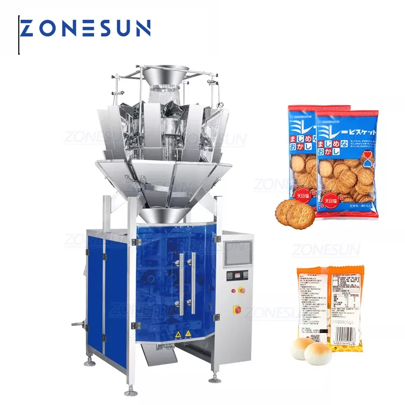 Zonesun máquina de enchimento e vedação, para empacotamento, com chip automático de grânulos, para biscoito, arroz, 10 cabeças, máquina de embalagem