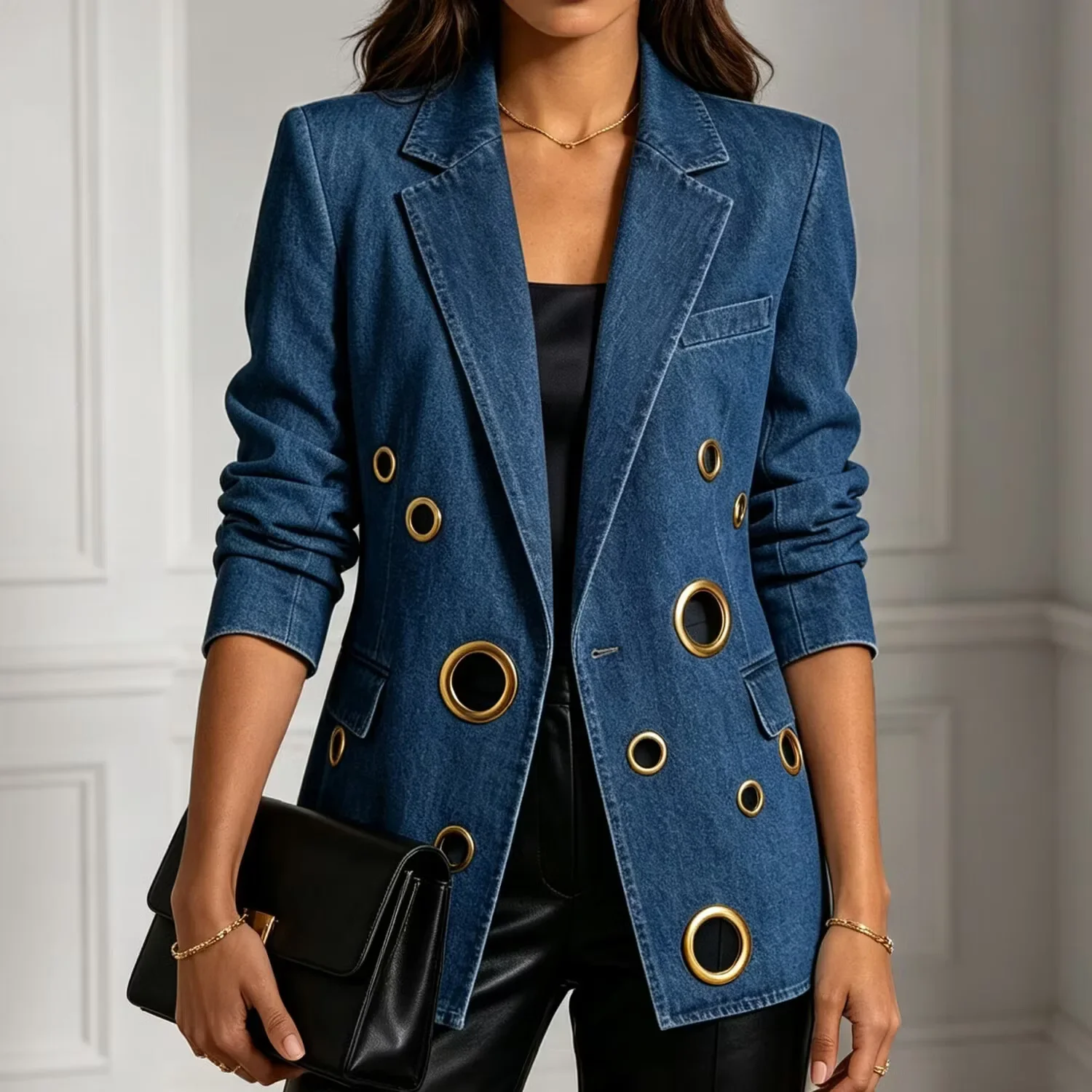 Women Denim Blazer Notched Lapel Long Sleeve Jacket Gold Eyelet Decor Slim Fit Single-button Casual High Street Blazers Jacket