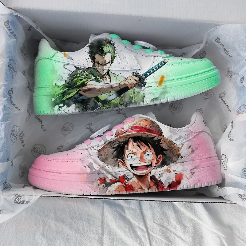 New One Piece Animation Creative Luffy Zoro Hand-painted Print Couple Mandarin Duck Shoes New Outdoor Sports White Shoes Gift