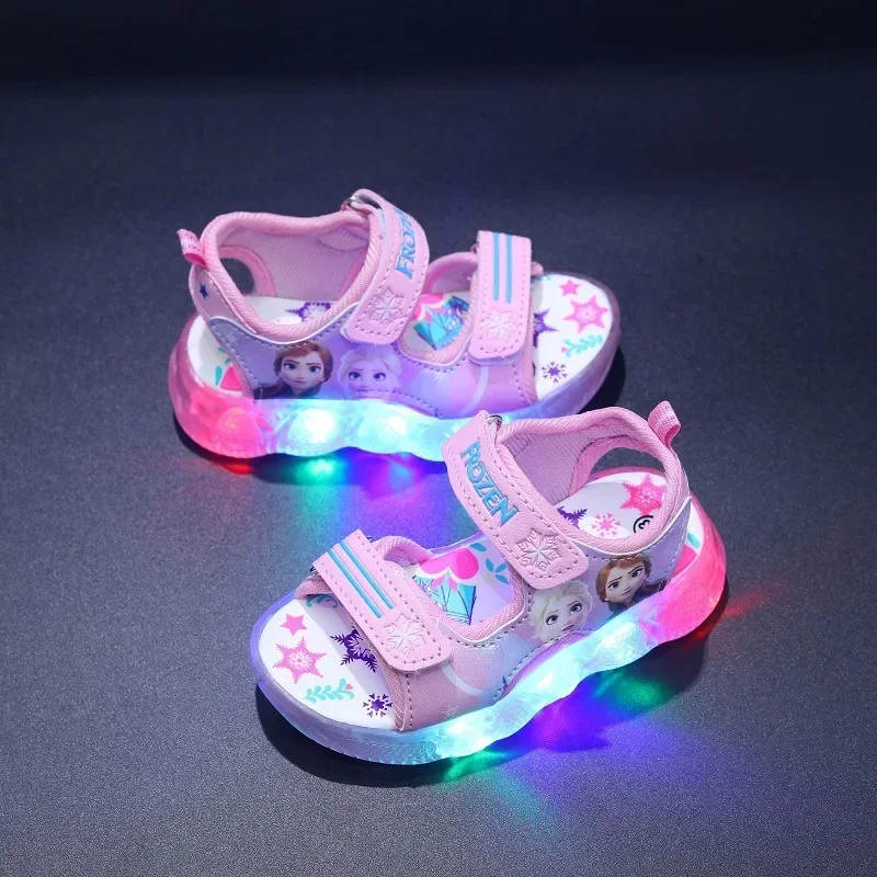 Disney Boys Girls Frozen Elsa Princess Led Light Up Luminous Sports Sandals Summer Kids Sandals Non-slip Toddler Shoes