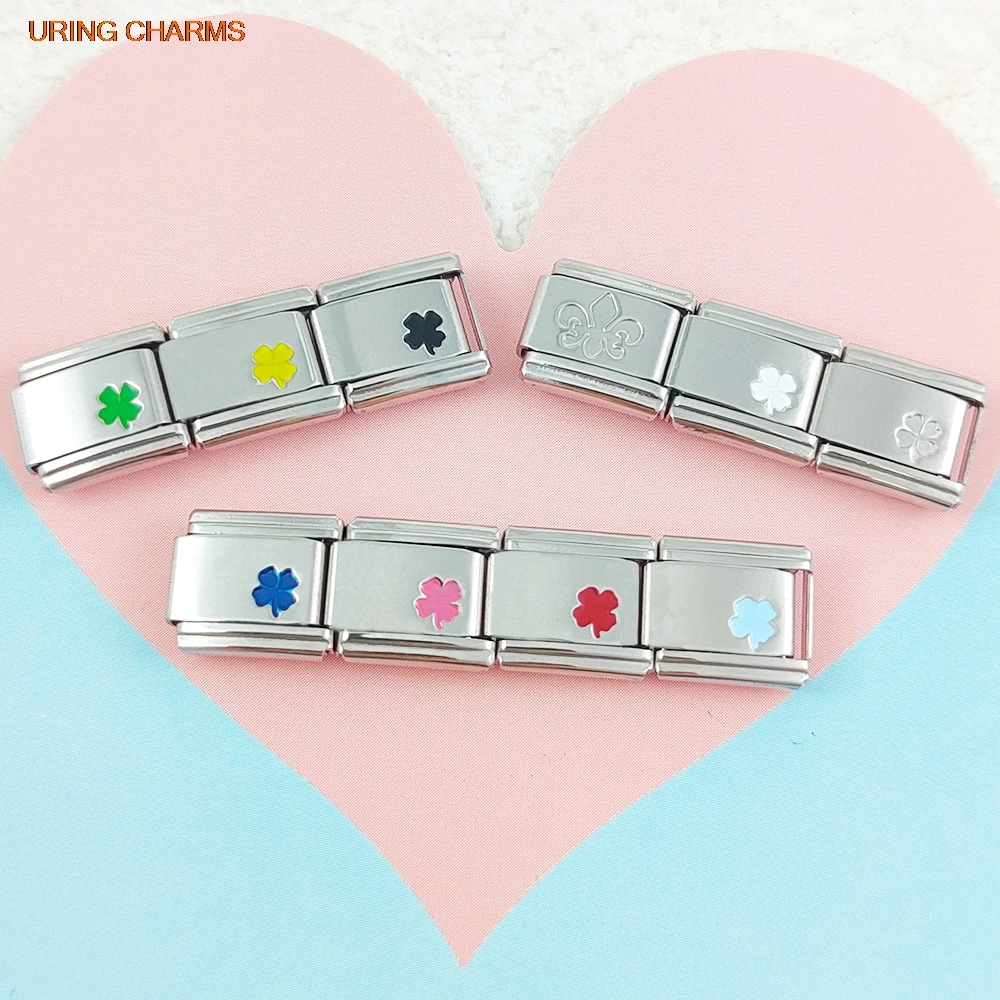 1pc Silver Color Charm Chain Italian Link Fit 9mm Fashion Lucky Grass Women Men Bracelet Making DIY Stainless Steel Jewelry