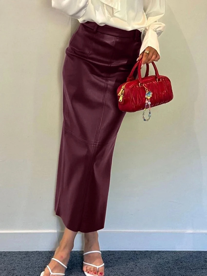 

Fashion Slim Wine Red Pu Leather Skirts For Women Bodycon High Waist Midi Skirt Elegant Classic Skirt Female Clothing