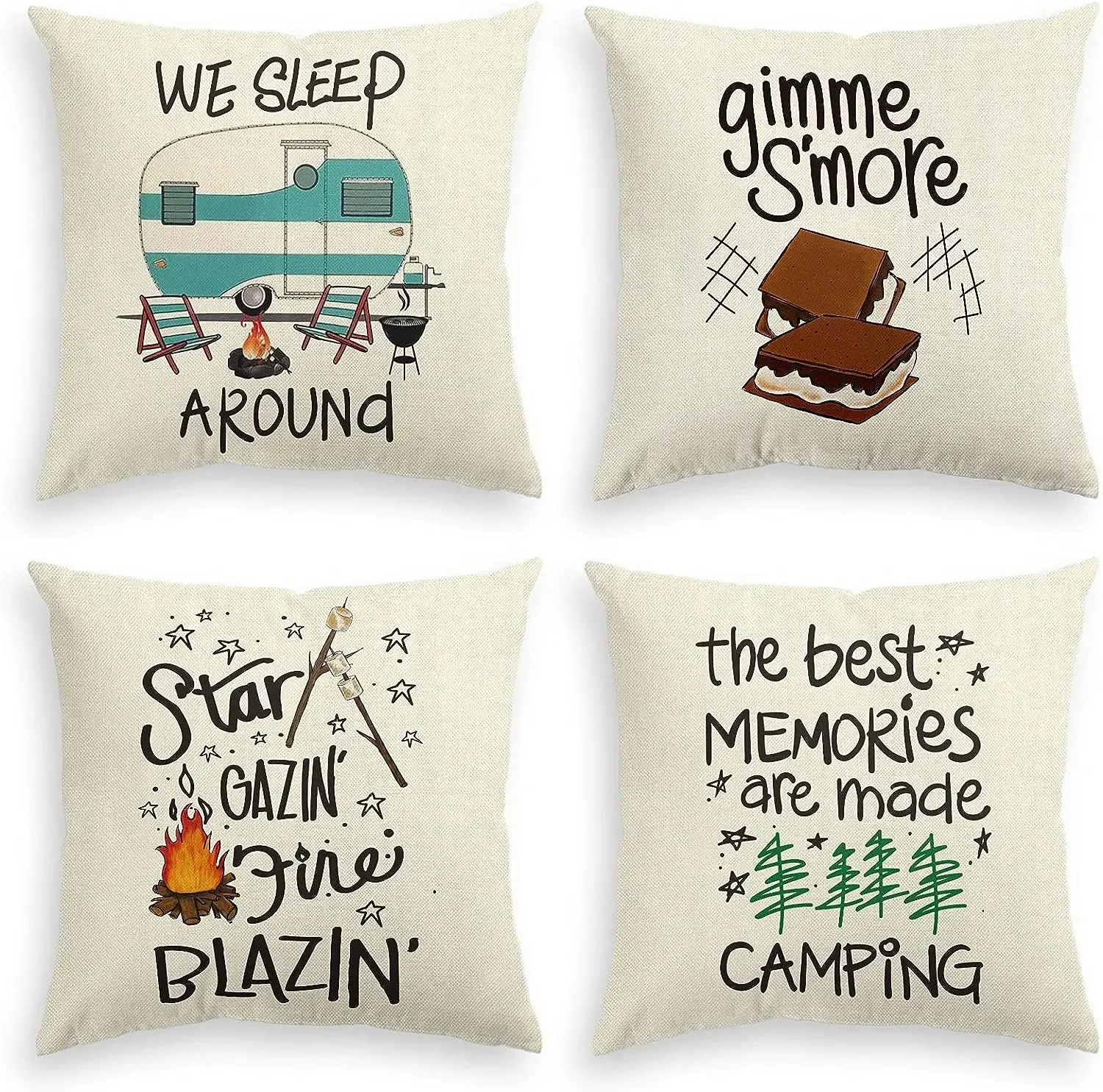 Camper Trailer Campfire Pattern Pillow Cover, Linen Square Cushion Cover, Suitable for Sofa 45x45 pillow case