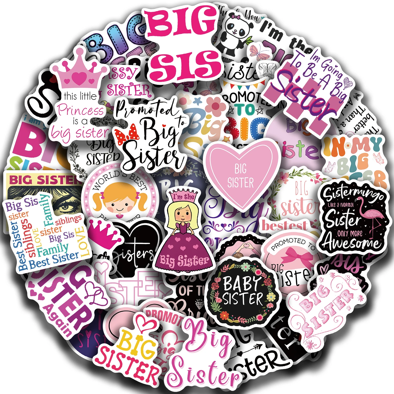 50 ชิ้น Big Sister สติกเกอร์ Graffiti ไวนิลสติกเกอร์สติ๊กเกอร์แบบใช้ซ้ําได้สําหรับแล็ปท็อปขวดน้ํากระเป๋าเดินทางที่มีสีสันการออกแบบสนุก