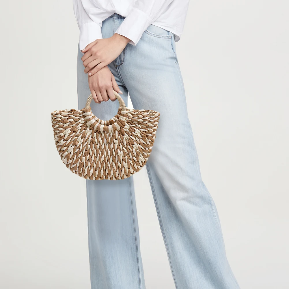 

Женская полукруглая сумка-тоут большой вместимости для путешествий, повседневная, с цветовыми блоками, плетеная, летняя пляжная сумка