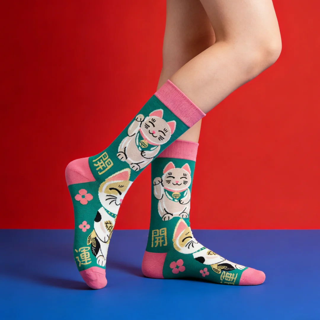 【1 Pair】Funny Lucky Cat Mid-Calf Socks, a Lucky Item Featuring Auspicious Characters，Suit In All Seasons For Unisex