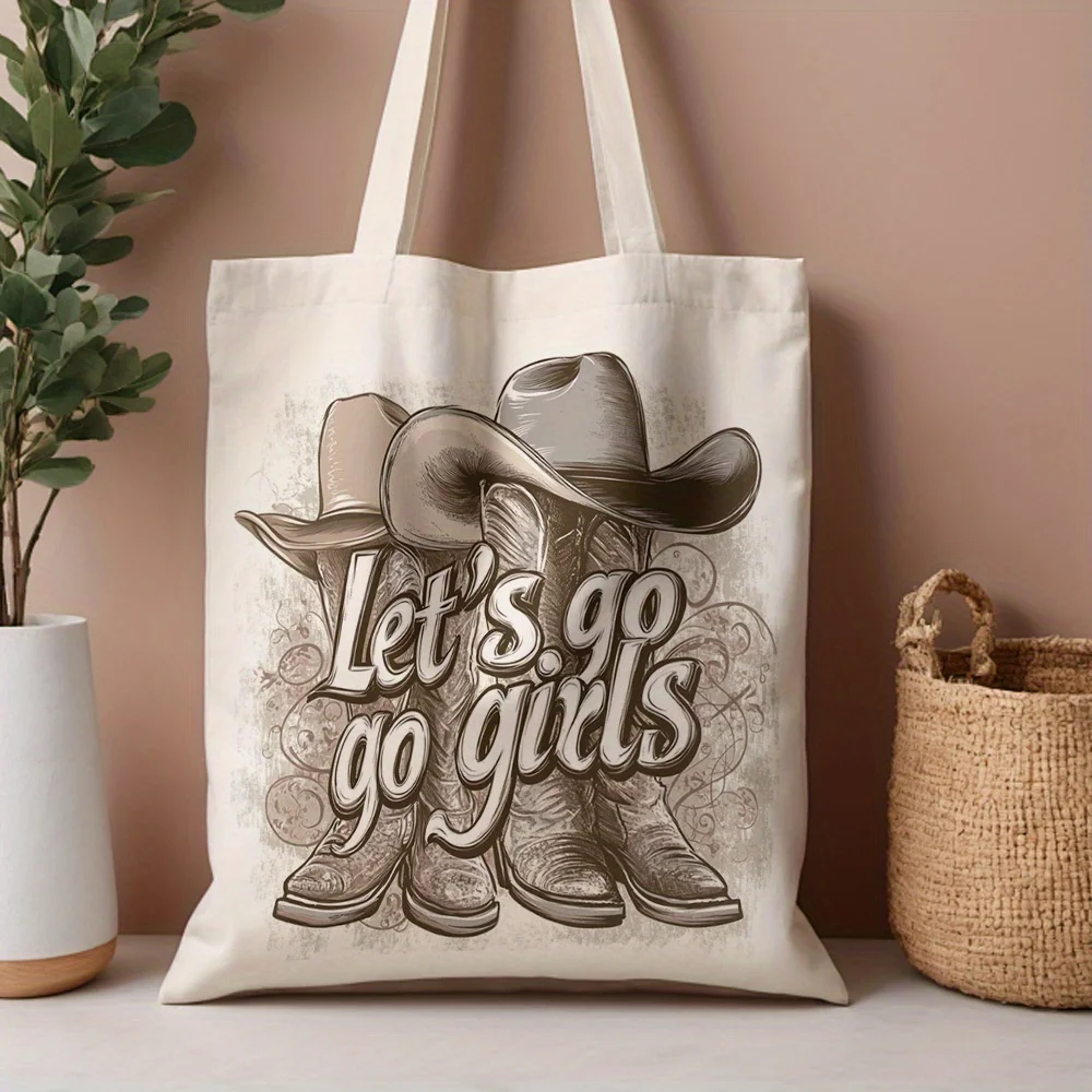 A Western cowboy hat and boots pattern print canvas tote bag, suitable for daily use, shopping, school, and travel