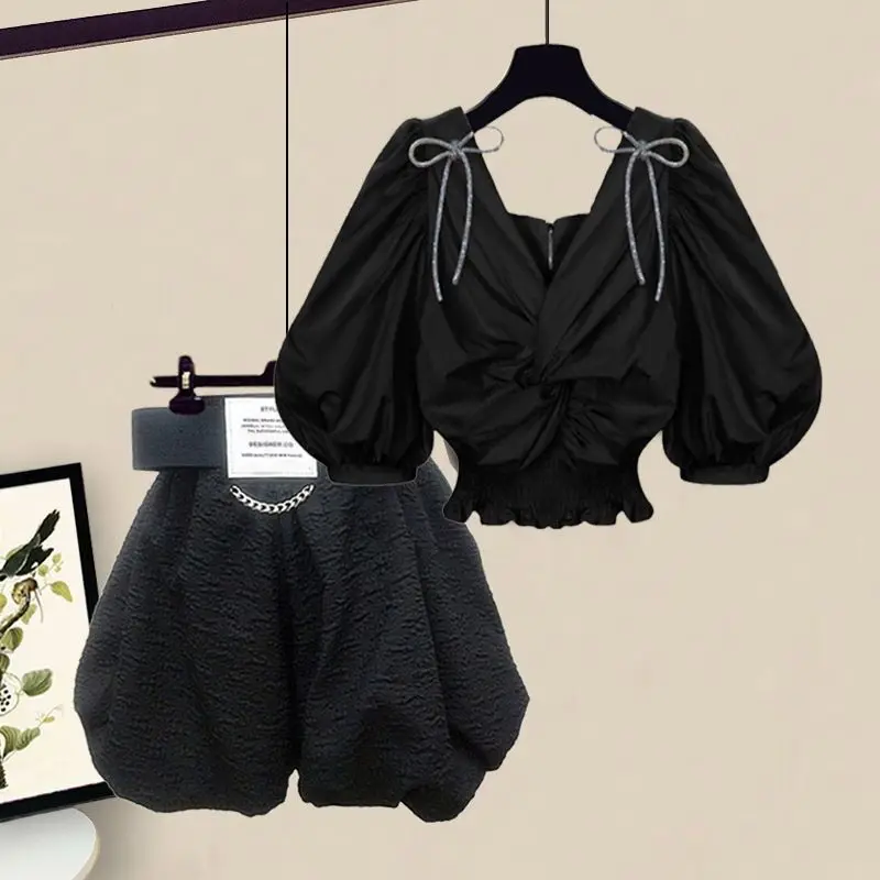 

Women Fashion Short Suit Chic Shirt Top And Short Pant Two Piece Set 2023 Summer New Matching Outfit Y2K Korea Clothing