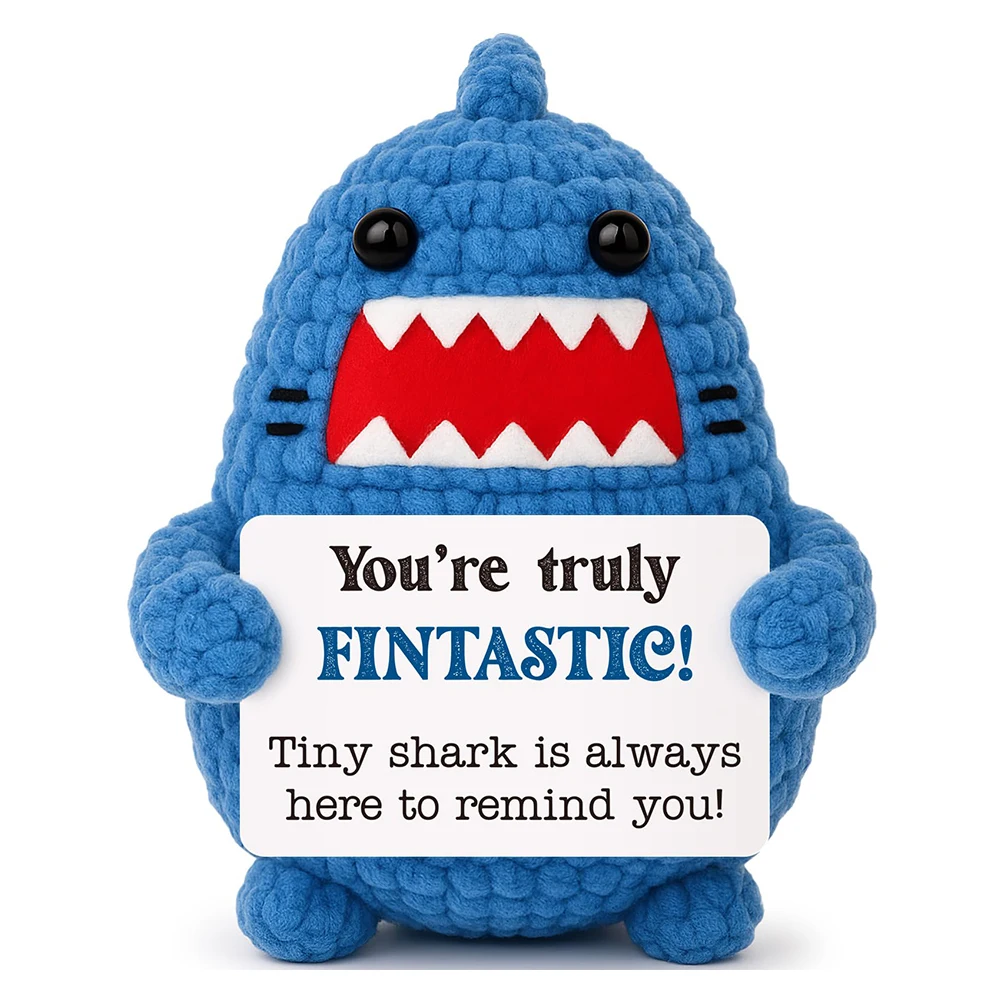 Positive Animal Crochet Shark Gift, Mini Emotional Shark Plush Toy with Encouraging Message, for Colleagues or Friends, Christmas Secret Santa Gift (Unisex)