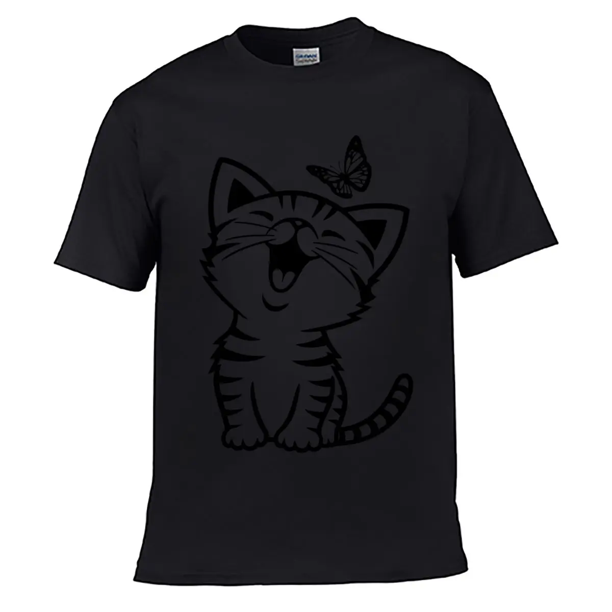 Cute Laughing Cat With Butterfly Line Art Street Distressed Washed Loose Simple Tee