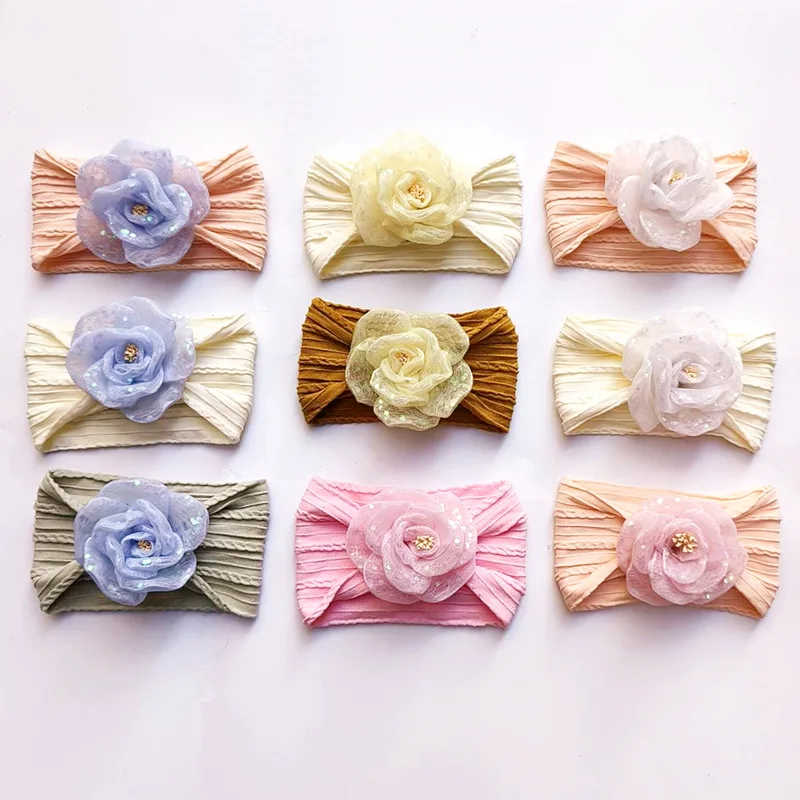 Big Ruffle Bow Nylon Headband Wide Baby Turban Super Soft Chiffon Handmade Knotted Infant Headwrap One Size Fits All