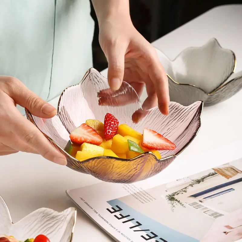 XCX 2PCS Golden-Edged Petal Glass Salad Bowls and Plates Wholesale Home Fruit Plate Creative Dessert Bowls 2