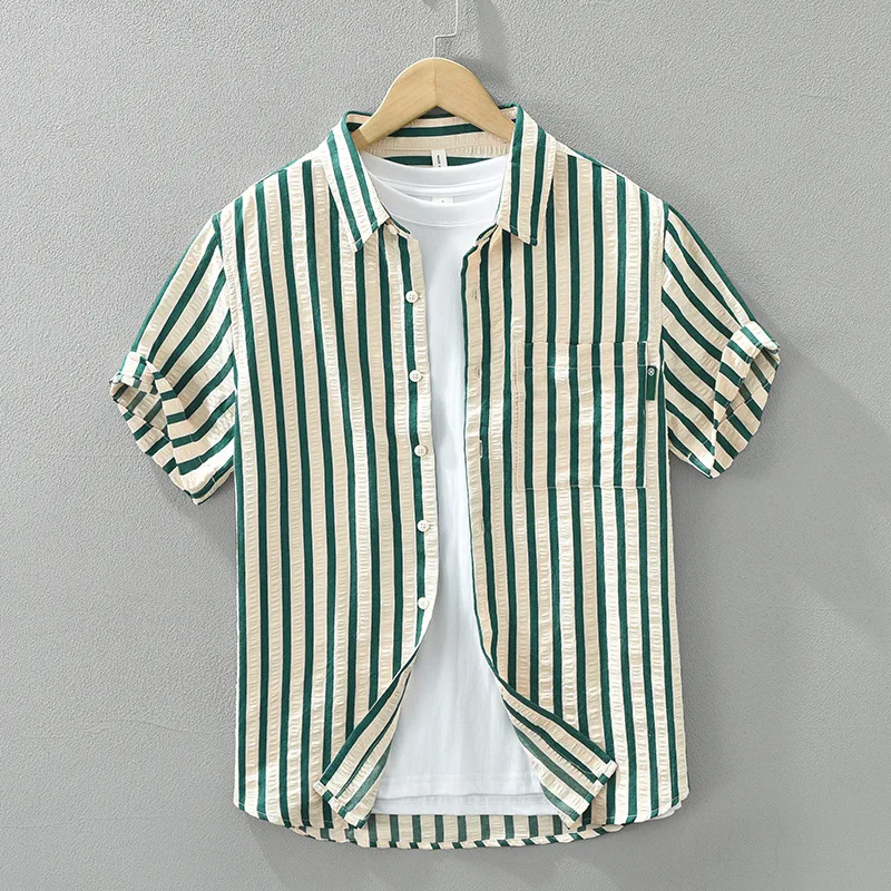 

Men's Summer Faionable Loose ort Sve Striped irt Casual Versatile Artistic Top Youth Polyester Cotton Blend