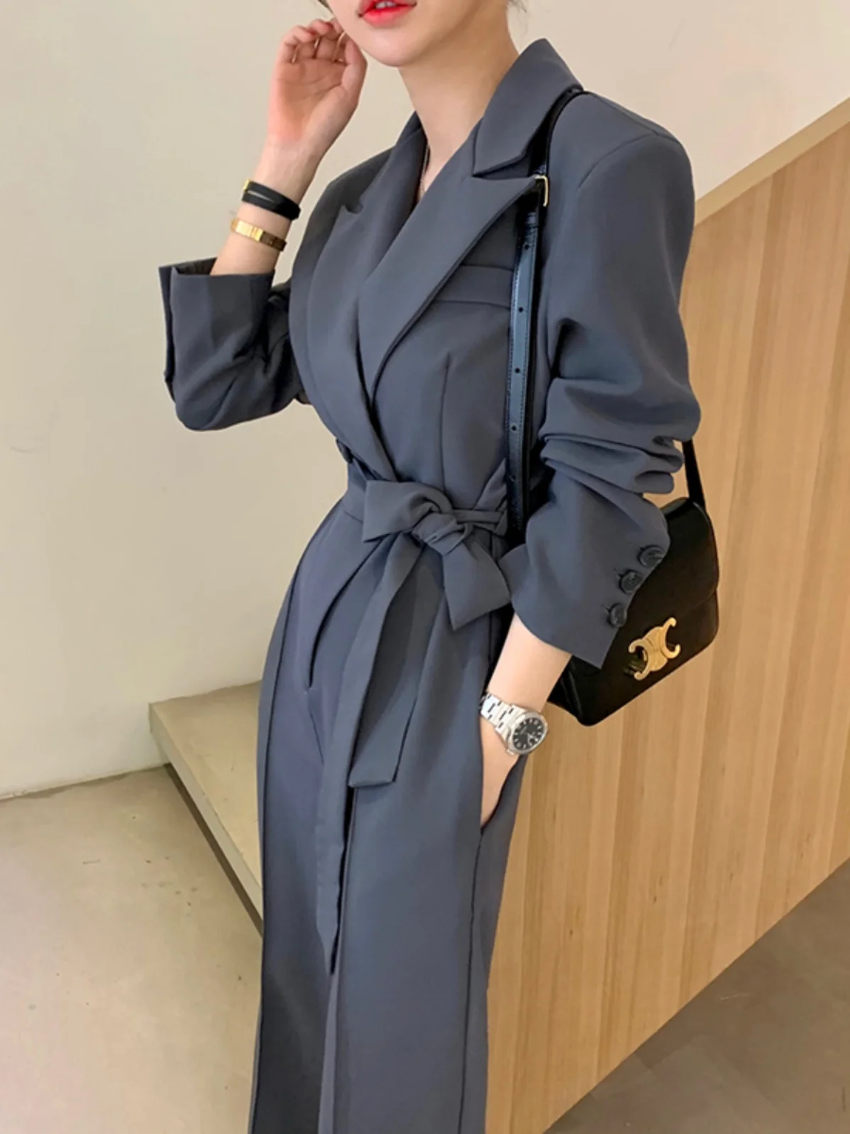 

Retro Lapel Suit Onesie for Women Belted Waist Slimming Casual Suit Dr Pants Polyester Spring 202 Commute Sle Long Sve