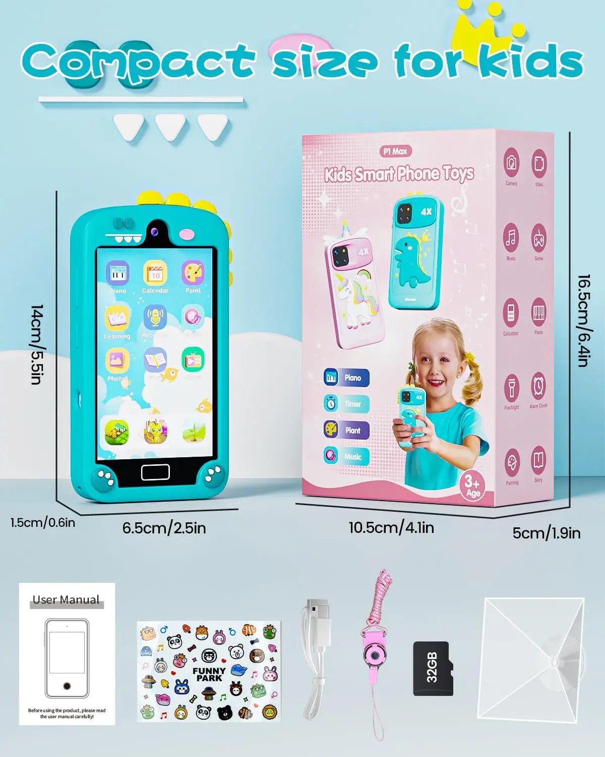 Kindersmartphone voor meisjes met 4,0 inch groot touchscreen, 32G-kaartcadeaus voor kinderspeelgoed, leerspeelgoed voor peuters, dubbele lens (cyaanblauw)