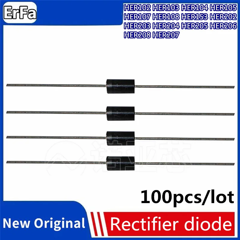 100pcs HER102 HER103 HER104 HER105  HER106 HER107 HER108 HER153 HER202 HER203 HER204 HER205 HER206 HER207 HER208 Rectifier diode