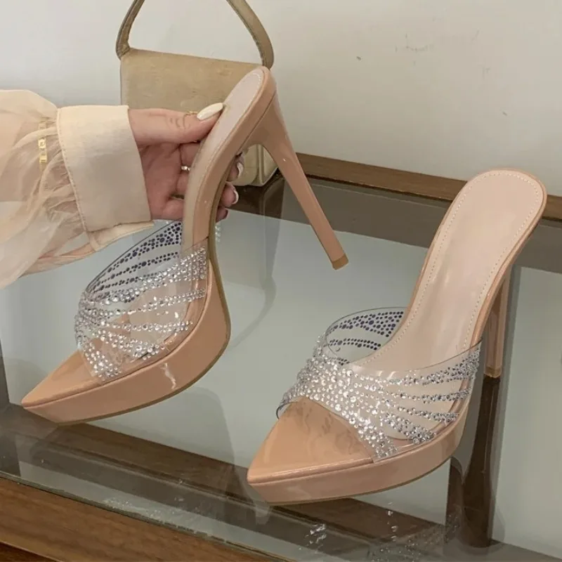 Aneikeh Sexy Rhinestone PVC Transparent Clear Strap Platform Mules Women Pointed Toe Thin Stiletto Wedding Summer Slip on Shoes