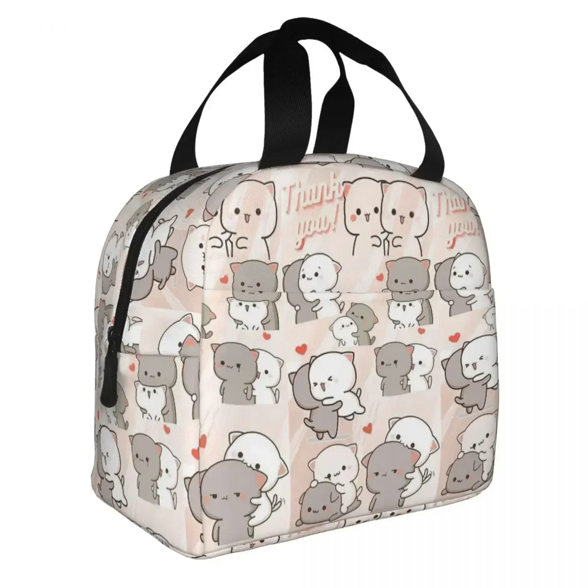 Kawaii Peach And Goma Collage Cartoon Insulated Lunch Bag Large Mocha Mochi Cat Meal Container Cooler Bag Tote Lunch Box Picnic