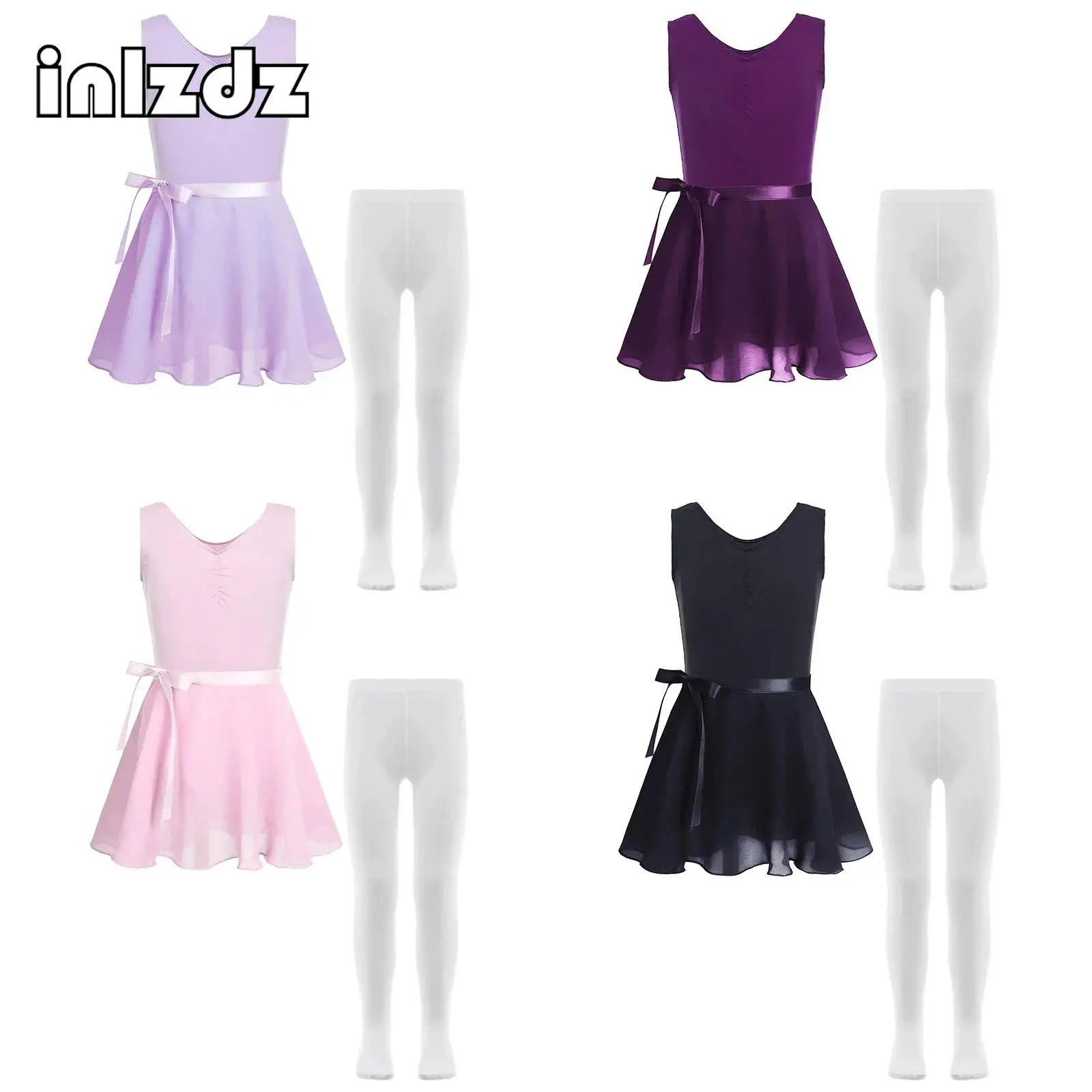 

Ballet Outfit for Kids Girls Gymnastics Dance Performance Set Sleeveless Ruched Leotard+Self-Tie Chiffon Skirt+Pantyhose Outfit