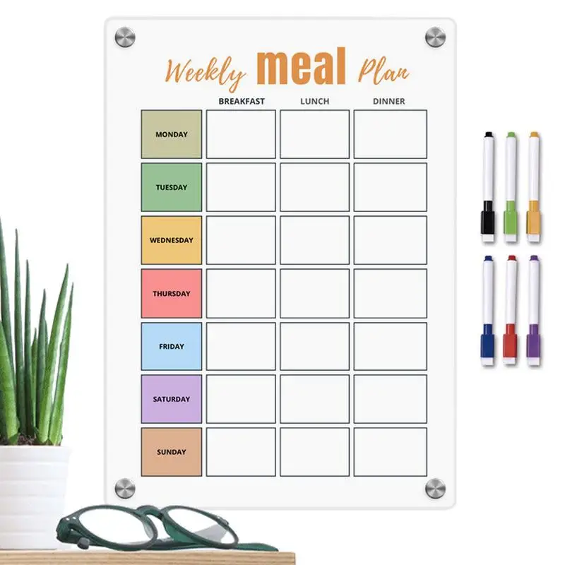 Meal Planner Magnetic Acrylic White Weekly Meal Prep Planner with 6 Colorful Pens Erasable Grocery List Magnet Pad for Fridge