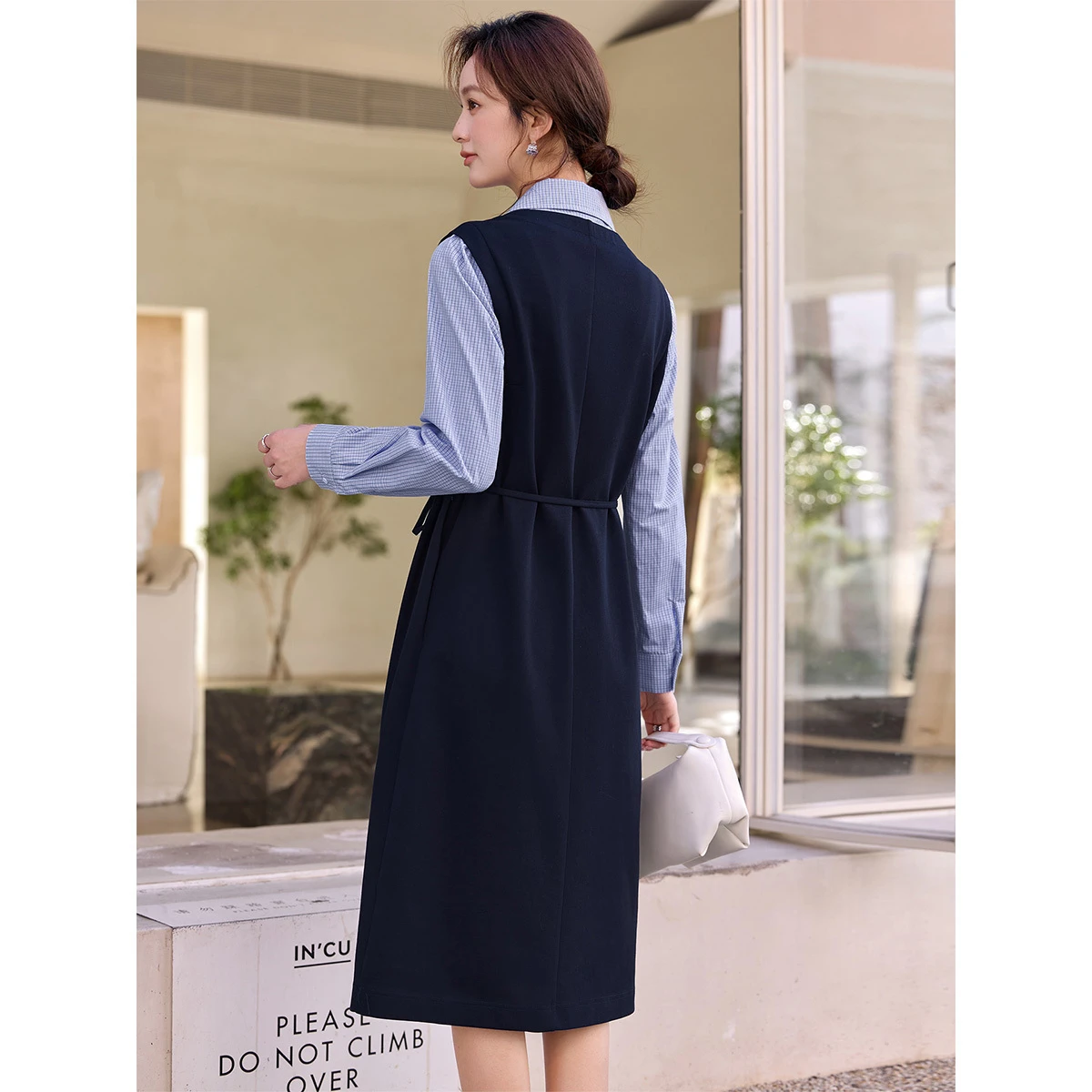 VIMLY Women's Dress 2026 Spring New Korean Style Fake Two-Piece Contrast Color Splicing Plaid Shirt Dresses for Woman A3710