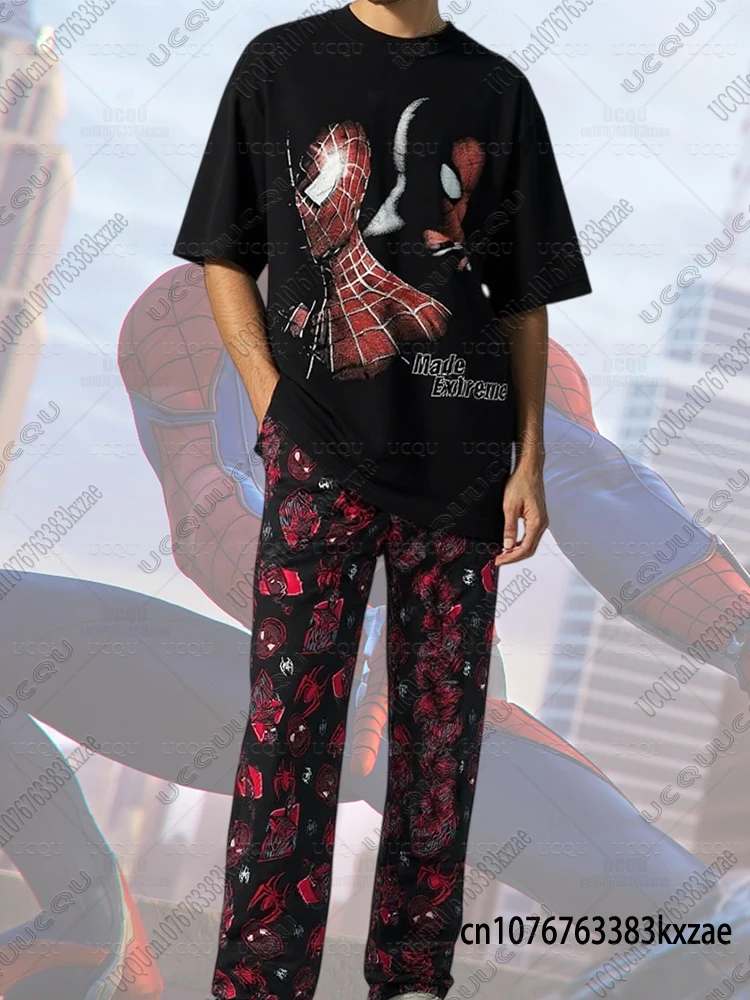 

Spider-man Couple Summer Cotton T-shirt With Pajamas Pants Casual Short Sleeve Oversized Suits Streetwear Men Women Home Clothes