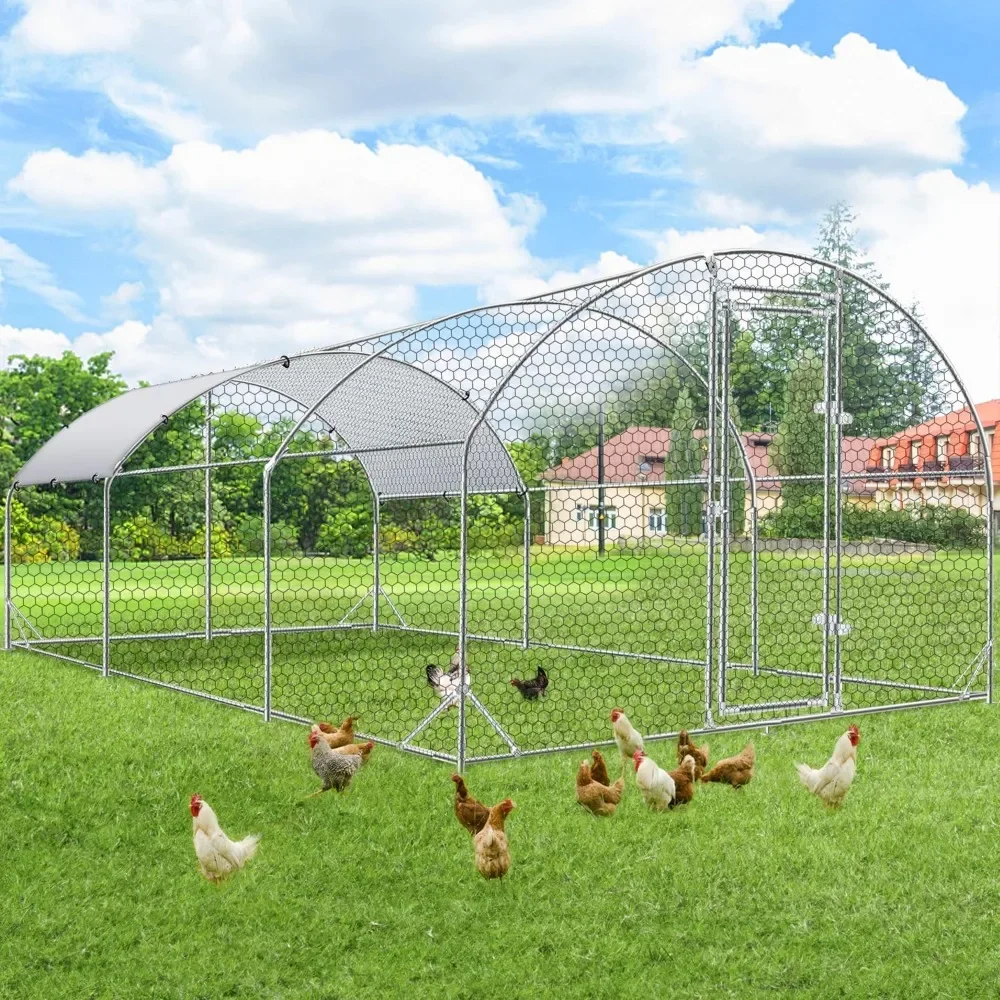 

195 Sq.Ft Chicken Coop,10 Chickens,Walk-in Metal Chicken Cage with Chain Link Fence, Chicken Coop