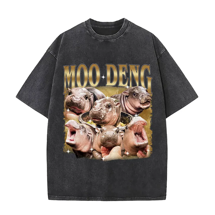 Moo Deng Hold on I\'m Overstimulated Funny Meme T Shirt Baby Hippo Vintage Washed Men Women T-shirts Y2k Gothic Clothing T-shirt