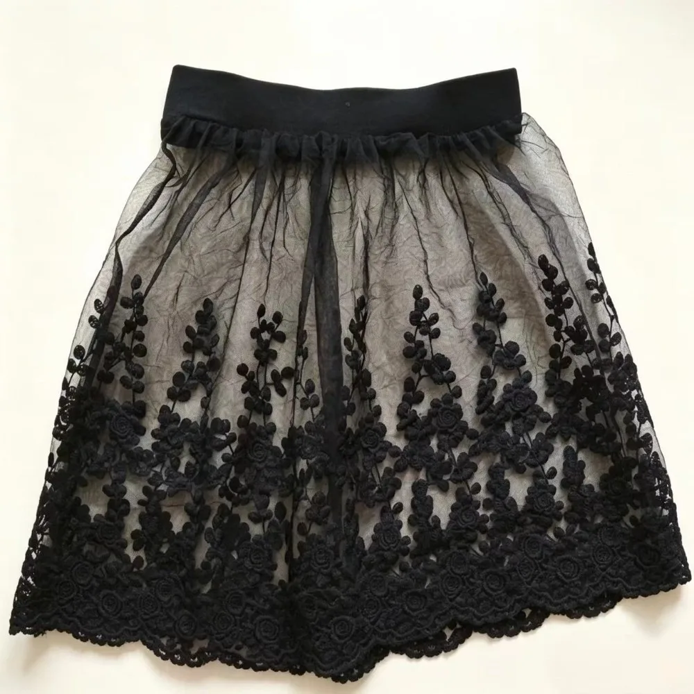 High Waist Half Slip Skirt Floral Embroidery Single Layer Lace Mini Skirt Elastic Waistband Four Season Elastic Waist Skirt