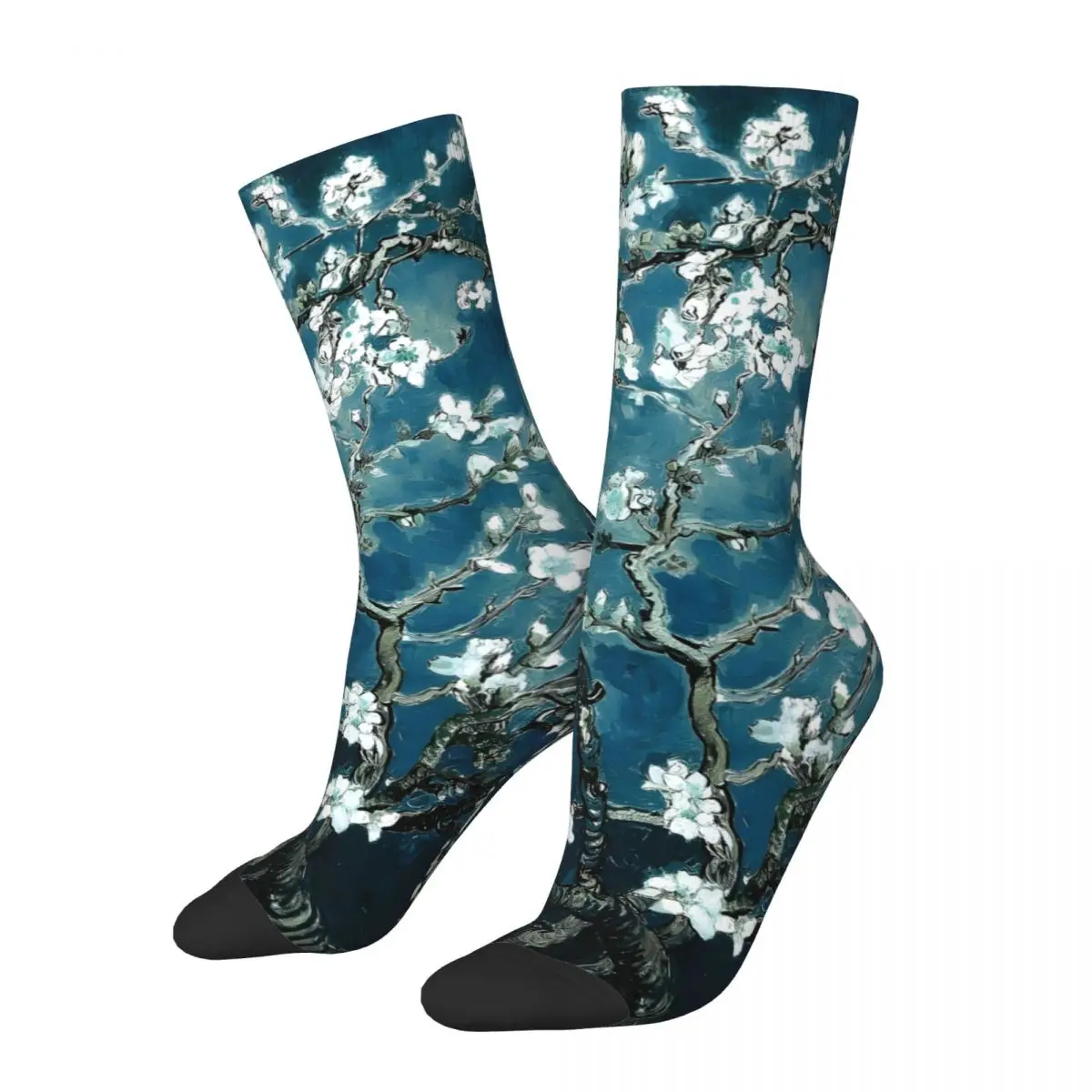 Retro Van Gogh Almond Blossoms Dark Teal Men's compression Socks Unisex Harajuku Seamless Printed Novelty Crew Sock