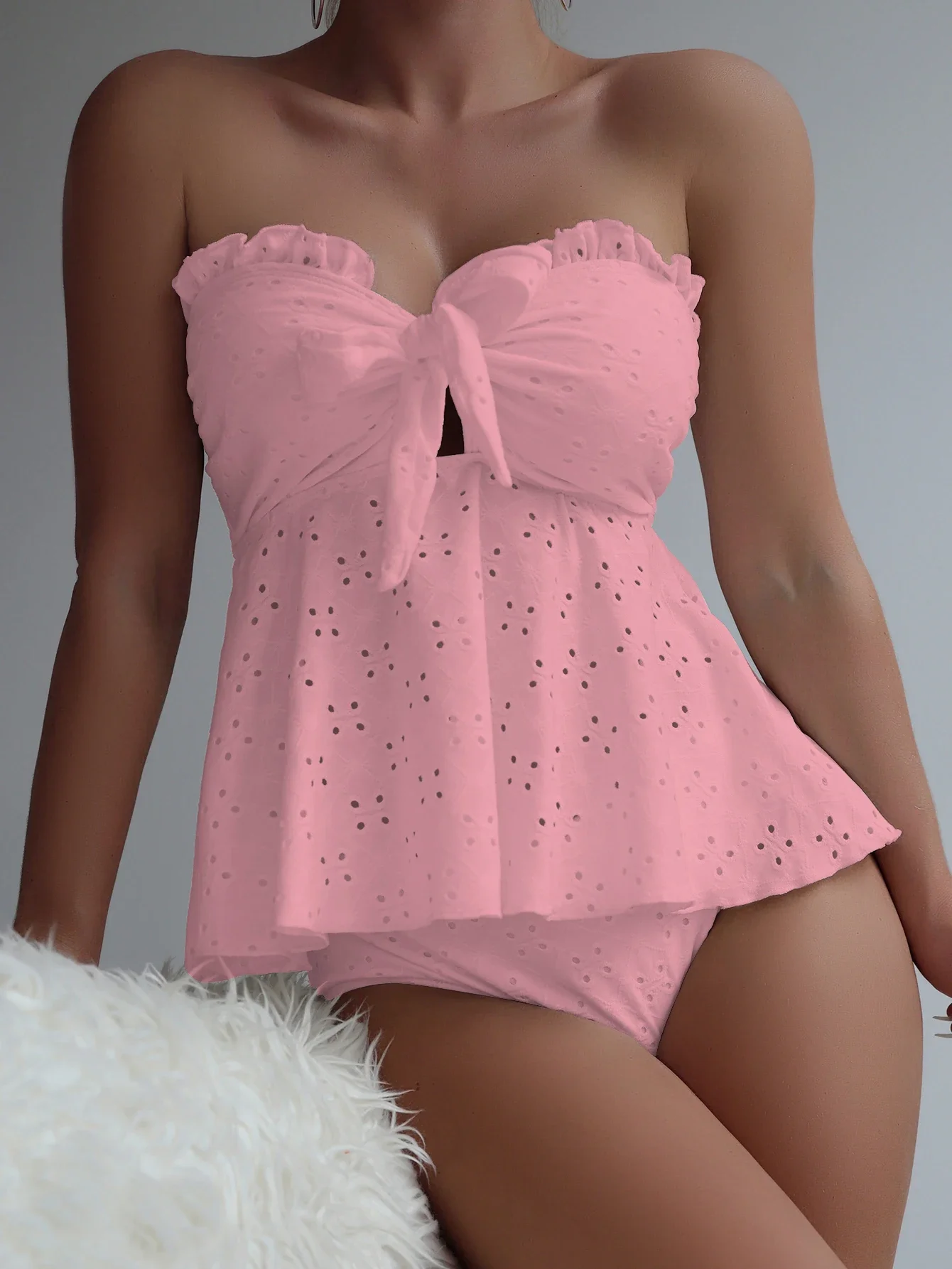 보타이 패치워크 비키니 세트 오프숄더 여성 수영복 홀로우 아웃 여성 수영복 솔리드 하이웨이스트 비키니