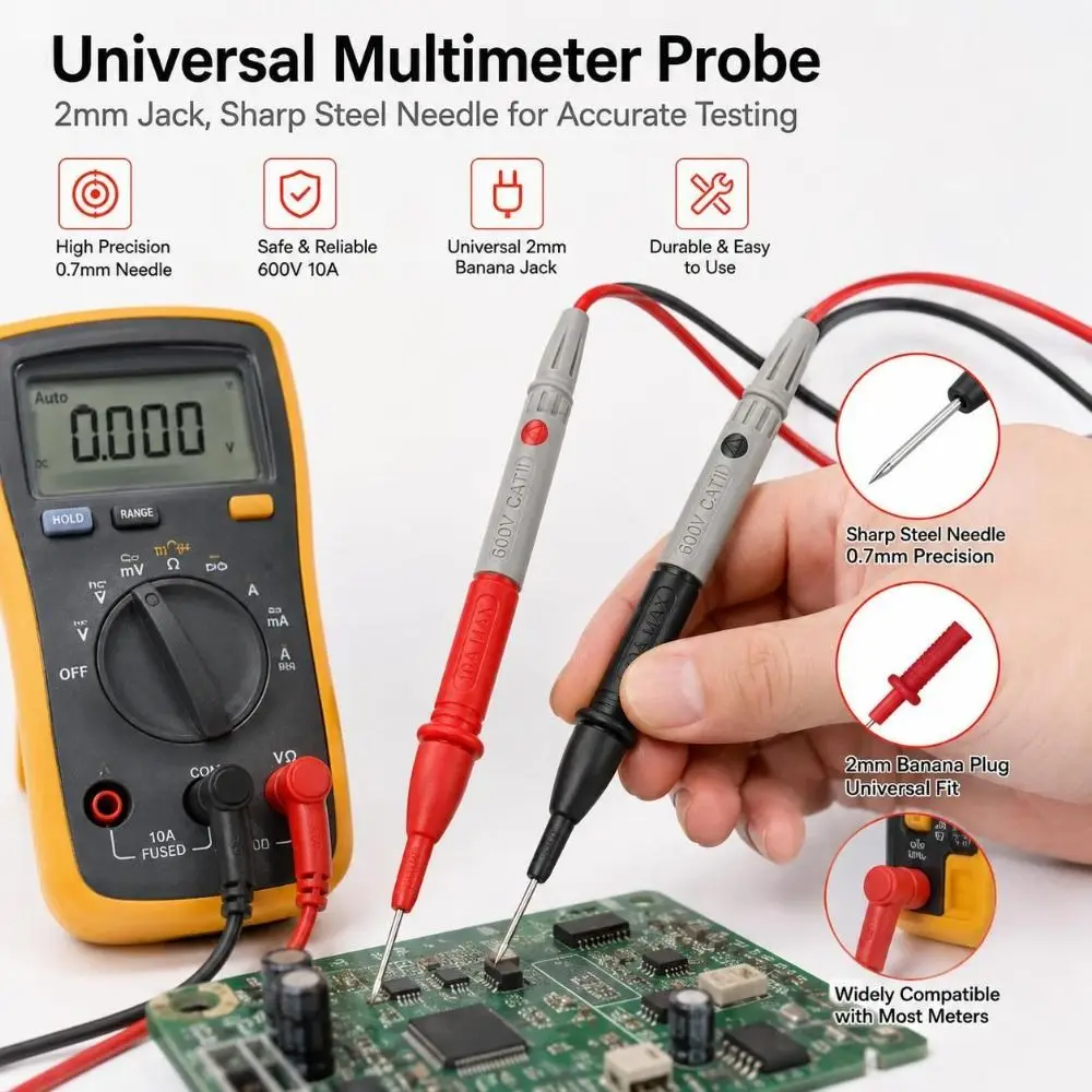 2pcs 0.7mm/2mm Diameter Multimeter Probes 600V 10A Rating Universal Circuit Testing Probes Durable Test Tips Electronic Repair