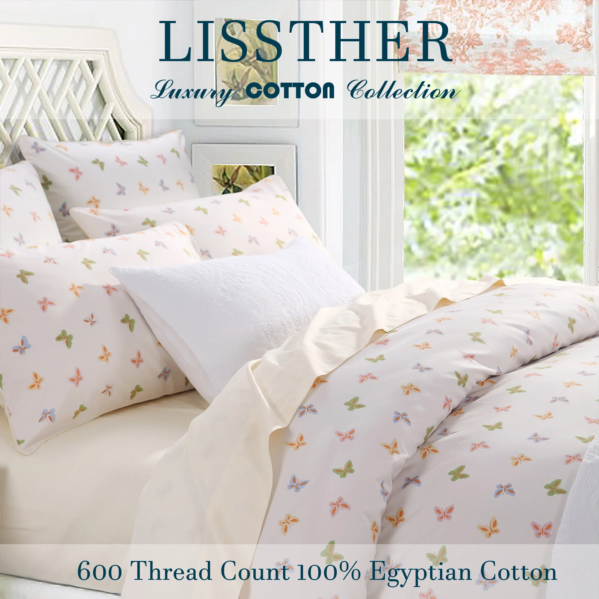 

3pcs 600TC 100% Egyptian Cotton Duvet Cover Set, Luxury Colorful Butterfly Design, Soft Skin-Friendly (No Inserts)