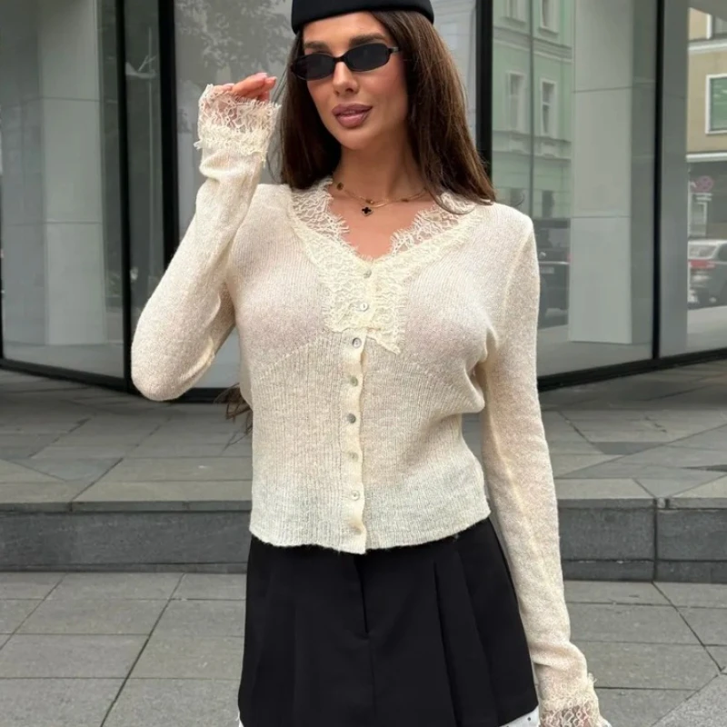 

TARUXY Sexy V-Neck Lace Knit Cardigan Women Solid Chic Long Sleeve Splicing Knitted Top New Autumn Winter Female Slim Knit Coat