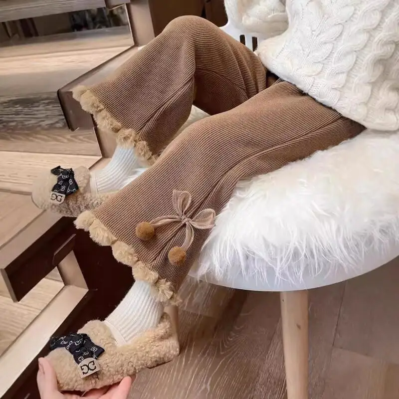 

Осенне-зимние прямые брюки для девочек, теплые утепленные брюки, кружевное украшение с бантом, удобная детская одежда в стиле ретро