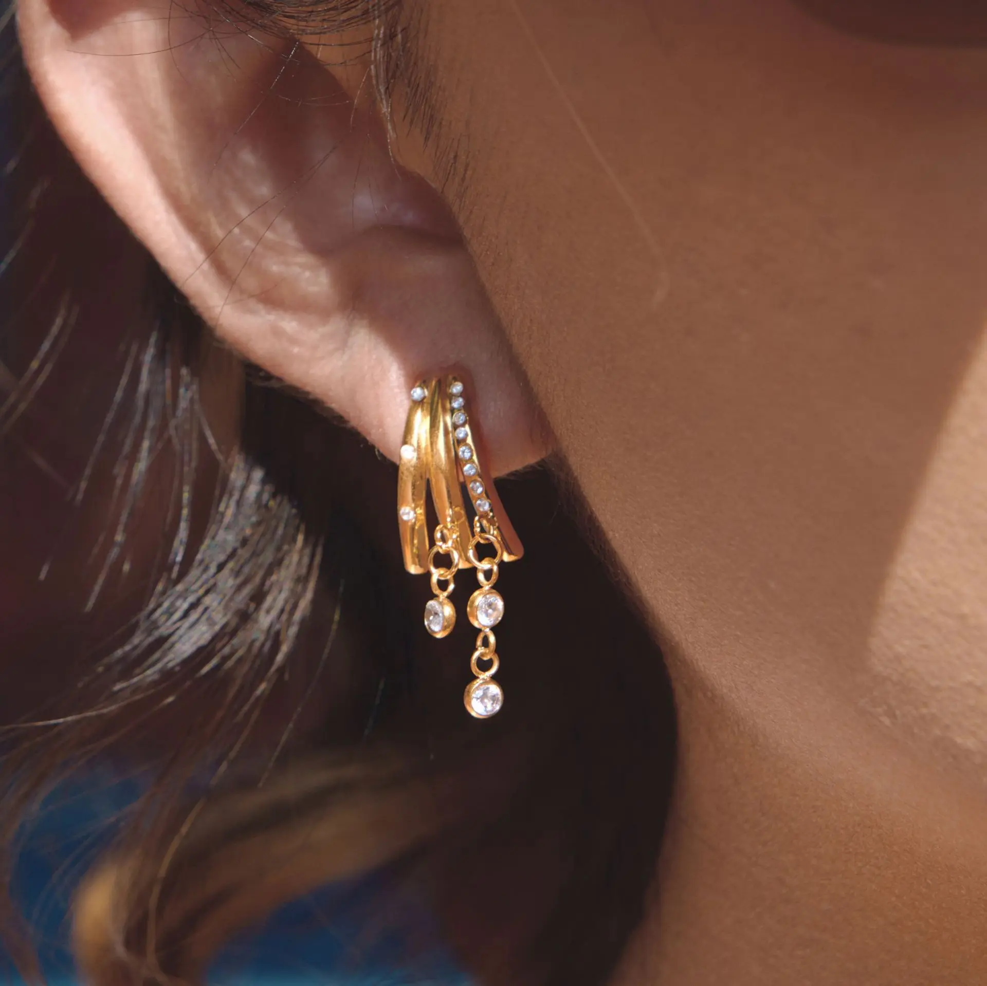 Stainless Steel Claw Huggies Tassel Chain Moon Star Drop Dangle Earrings Triple Huggie Zircon CZ Stacked Studs Statement Jewelry