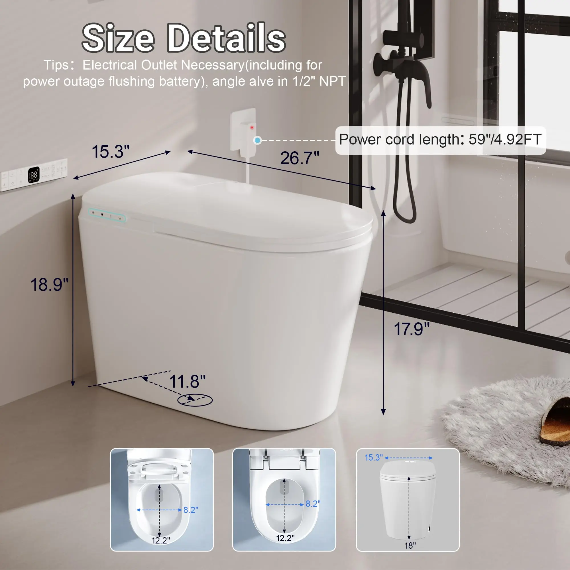Luxury Smart Bidet Toilet with Tank Foam Shield Auto Flush/Lid & Seat