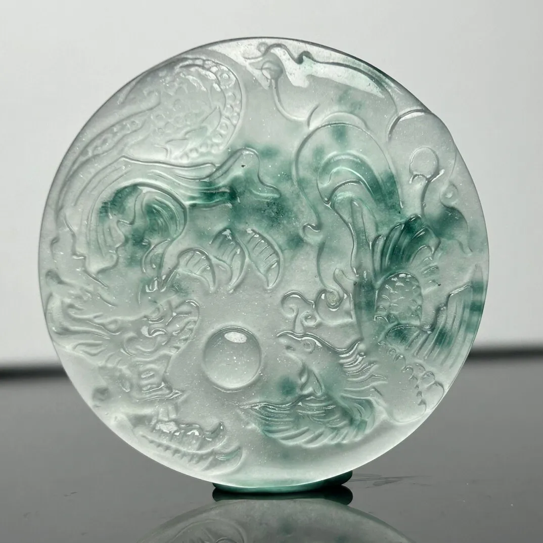Certified Natural ice White jade Jadeite Carved Dragon&phoenix Pendant&Necklaces