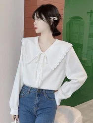 Jmprs Lace Up Peter Pan Collar Sweet Shirt Women Casual Preppy Style Cute Blouse Japan Vintage Long Sleeve All Match Elegant Top