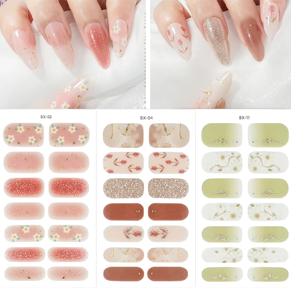 14 Tips Gel Nail Sticker Slider Flower Gold Foil Glitter Back Adhesive Waterproof Gel Nail Sticker UV Lamp Cured Manicure