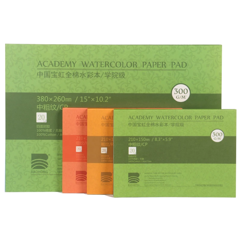 Baohong 300g 100%cotton Pulp Watercolor Paper College-level Watercolor Book 20 Sheets Professional Painting Student Art Supplies