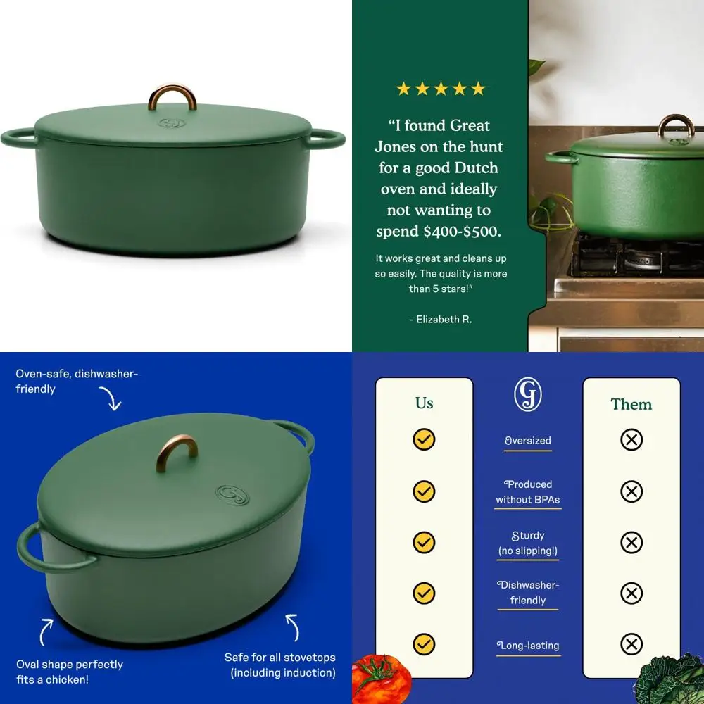 

Large 6.75 Quart Great Jones Dutchess Cast Iron Dutch Oven with Lid and Dual Handles - Broccoli Design, Suitable for All Stoveto